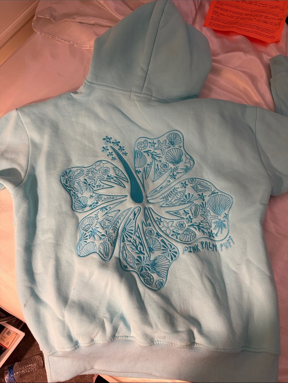 Pink palm puff aqua pullover hoodie - Picture 3 of 3